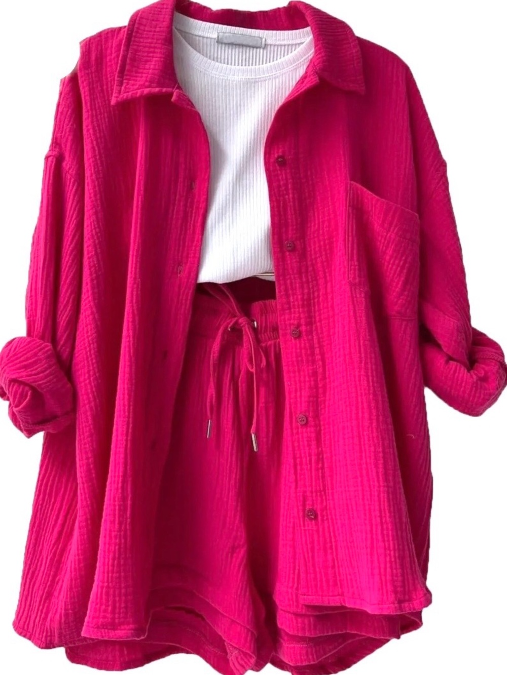Women's Button-Front Shirt in Hot Pink with Matching Shorts